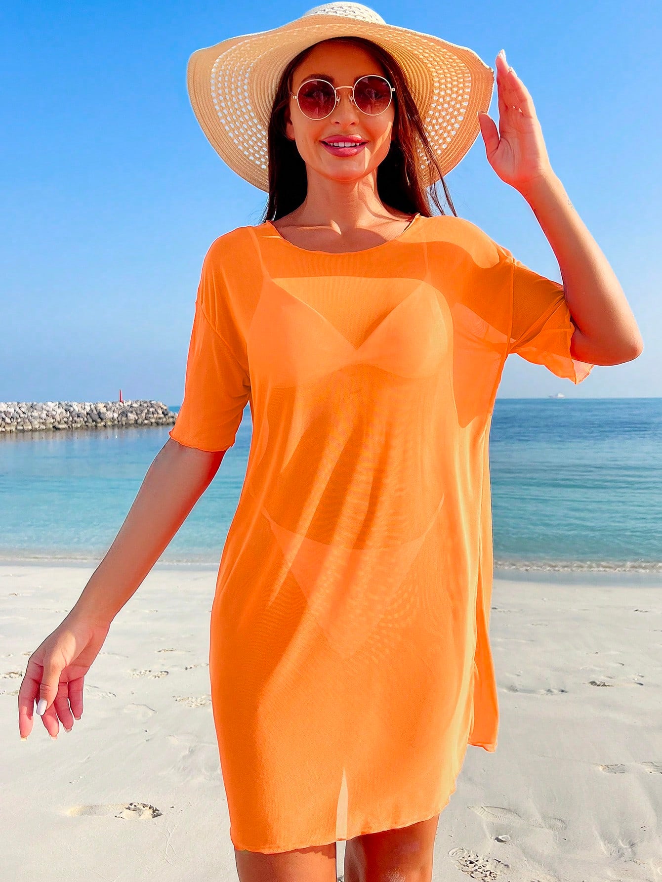 Swim Solid Sheer Mesh Cover Up,Summer Beach