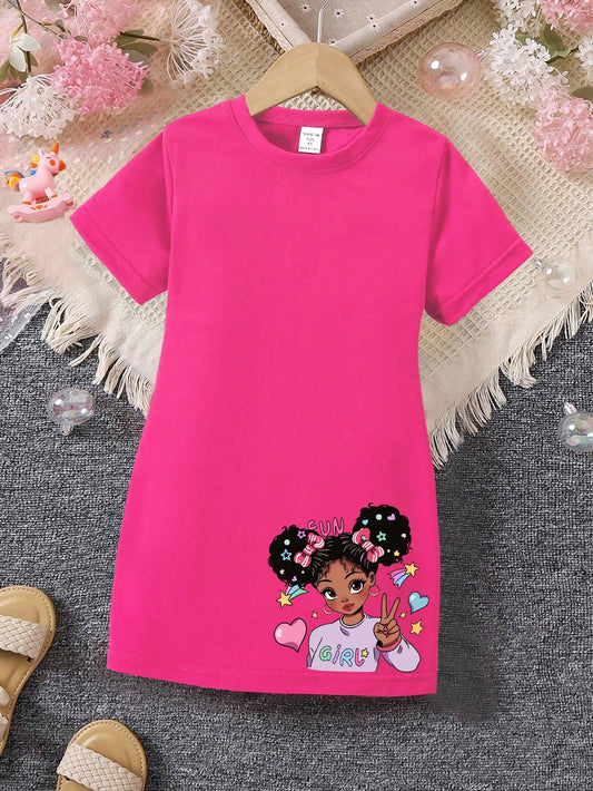 Young Girl Fashionable And Cute Short Sleeve T-Shirt Dress With Bowknot And Little Girl Print