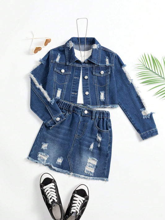 Girls' Fashionable Distressed Denim Outfit Dress, Water Washed