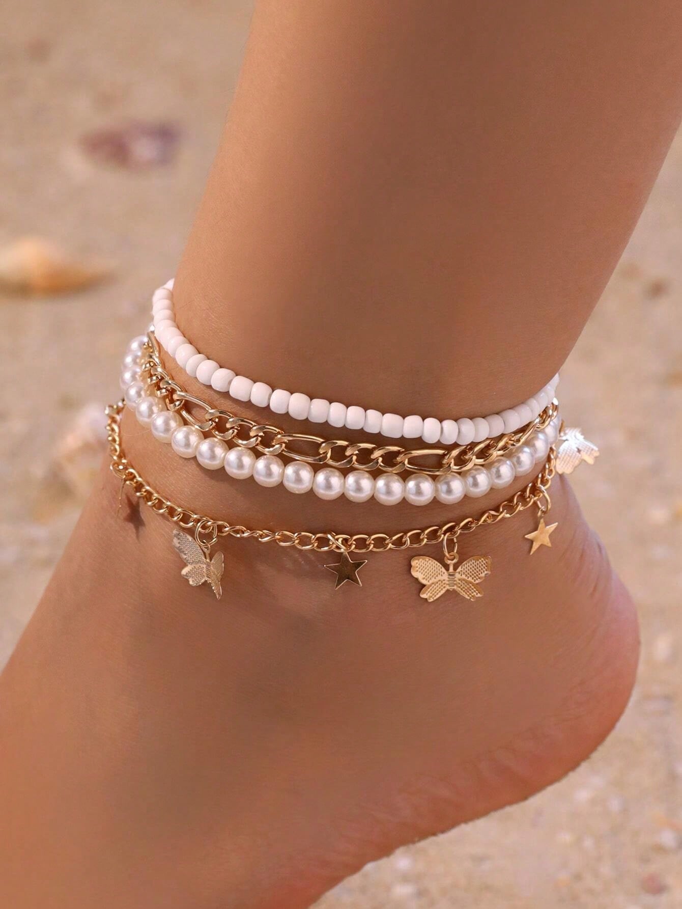 4pcs/Set Faux Pearl Beaded Starfish Pendant Anklet, Layered Elastic Adjustable Tropical Island Style Foot Jewelry For Teens And Daily/Travel Wear