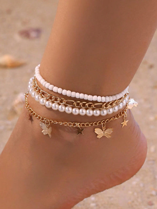 4pcs/Set Butterfly Five-Pointed Star Tassel Anklets Simple Pearl & Beaded Layered Foot Jewelry For Teen Girls