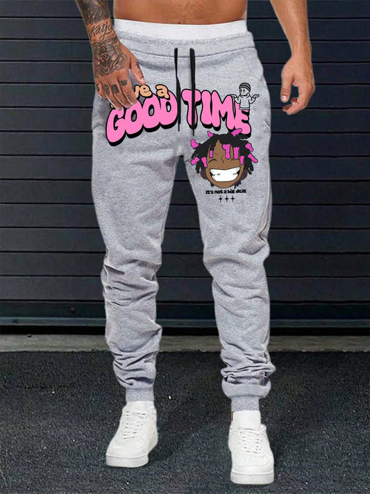 Men's Cartoon Character & Letter Printed Drawstring Waist Casual Sweatpants With Pockets