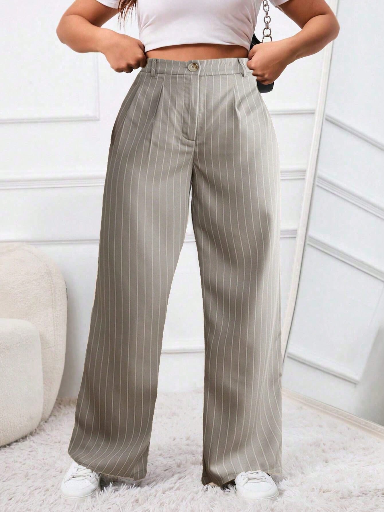 Plus Size Solid Color Button Fabric Pleated Dress Pants