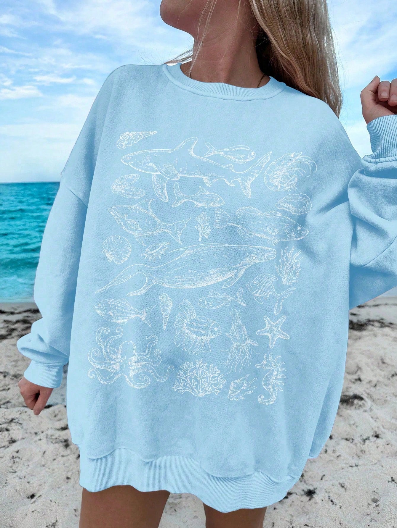 Beach Pattern & Ocean Creatures Print Casual Round Neck Casual Long Sleeve Sweatshirt For Women