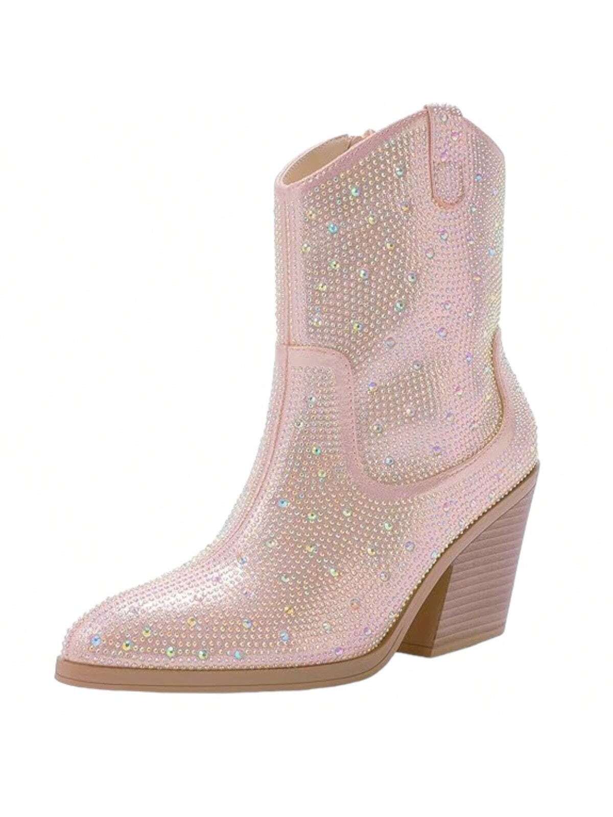 Women's Rhinestone Cowboy Boots, Shiny Cowboy Ankle Boots For Women, Chunky Heel Side Zipper Women Boots