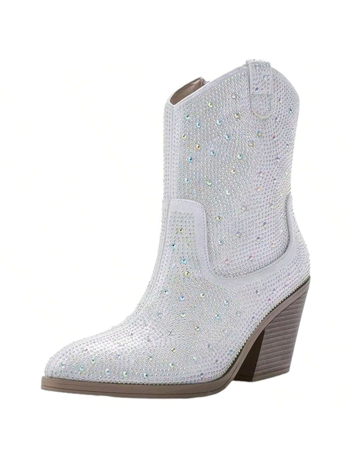 Women's Rhinestone Cowboy Boots, Shiny Cowboy Ankle Boots For Women, Chunky Heel Side Zipper Women Boots