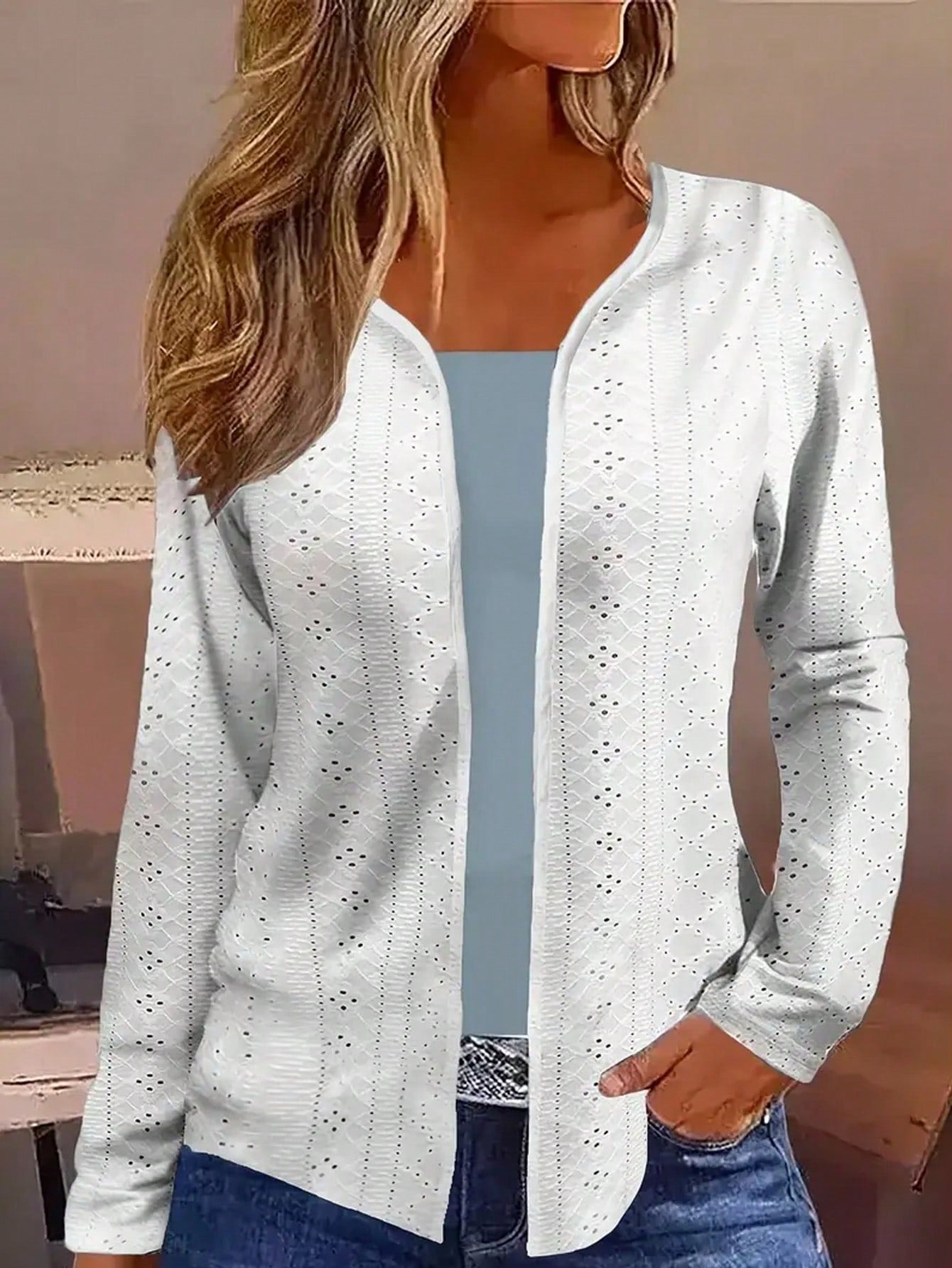 Plus Size Casual Hollow Out Embroidered Solid Color Jacket