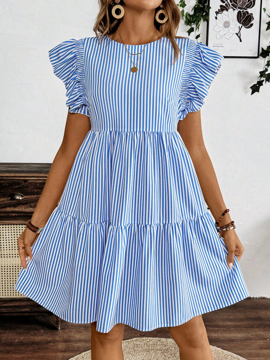 Holiday Casual Striped Ruffle Trimmed Waist Cinched Waist Dress