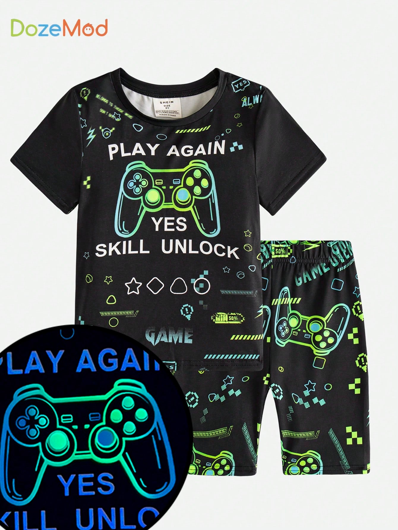 Tween Boy Snug Fit Cartoon Game Console Glow-In-The-Dark Patterned Short Sleeve T-Shirt And Shorts Homewear, Summer 2pcs/Set