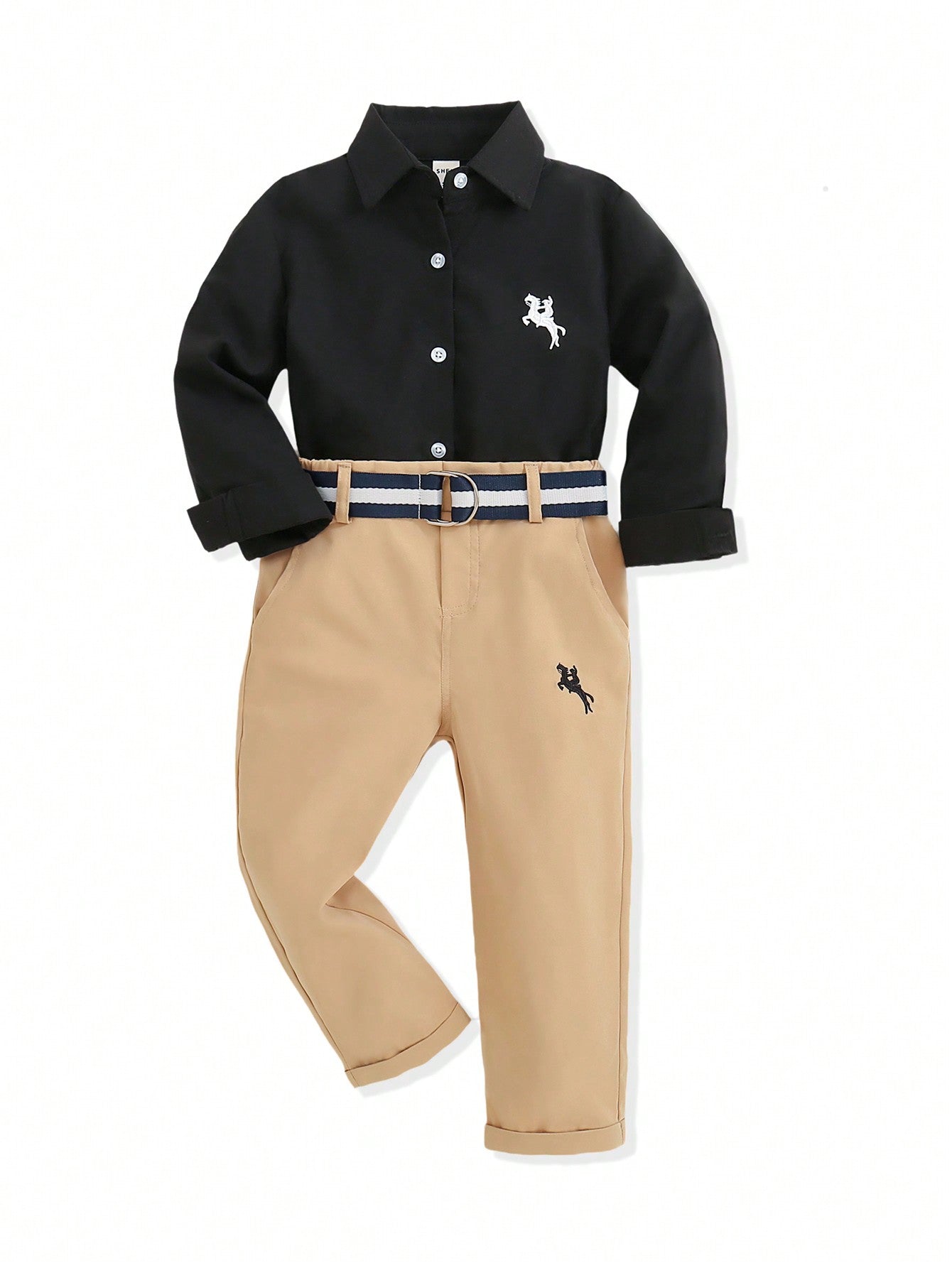 Blossomsprite Kids Young Boy Casual Horse Embroidery Long Sleeve Shirt And Pants Set For Daily Wear