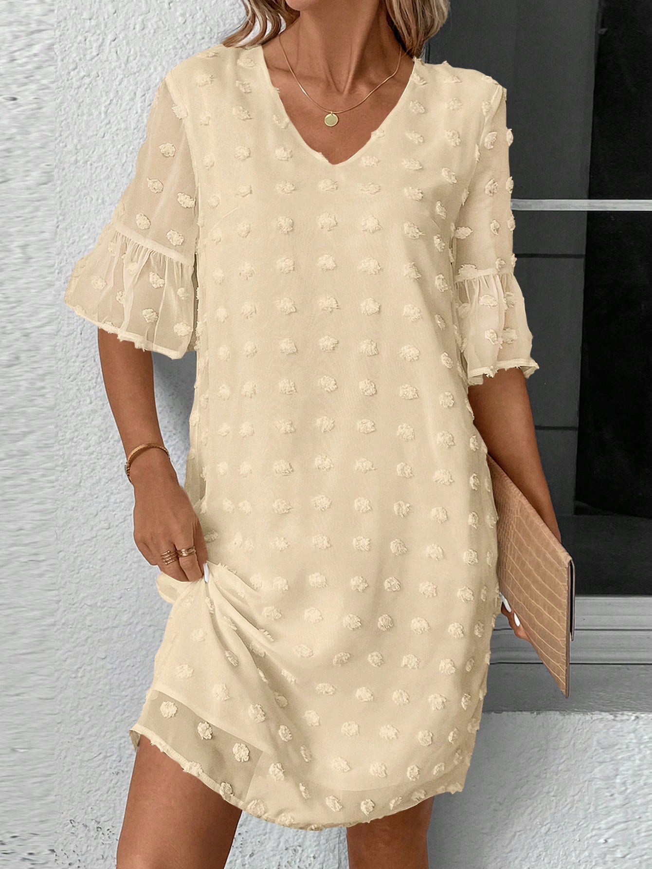 Women's Swiss Dot Ruffle Sleeve Dress