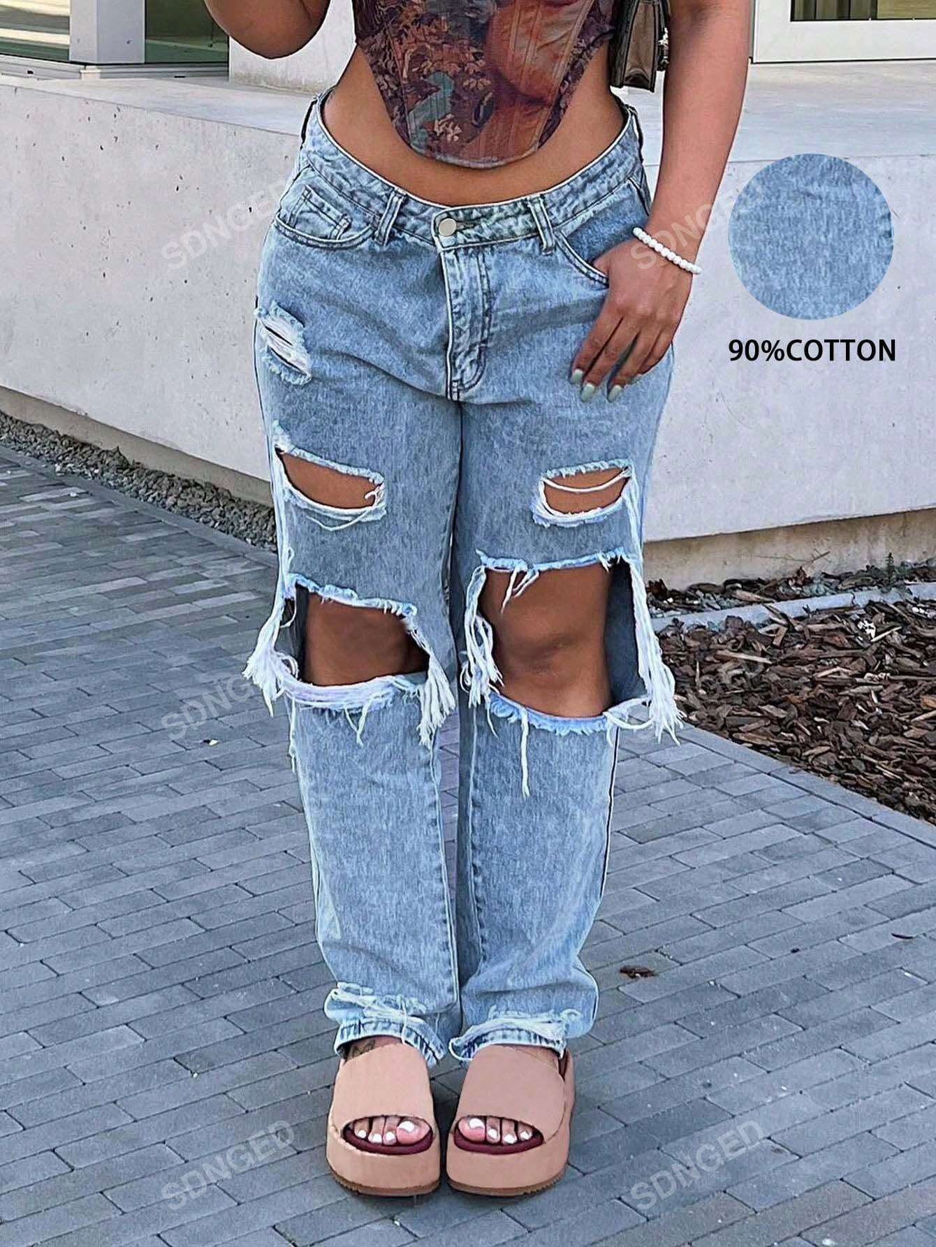 2024 Women's Straight-Leg Loose Fit Casual Jeans With Ripped Design And Pockets, European And American Style