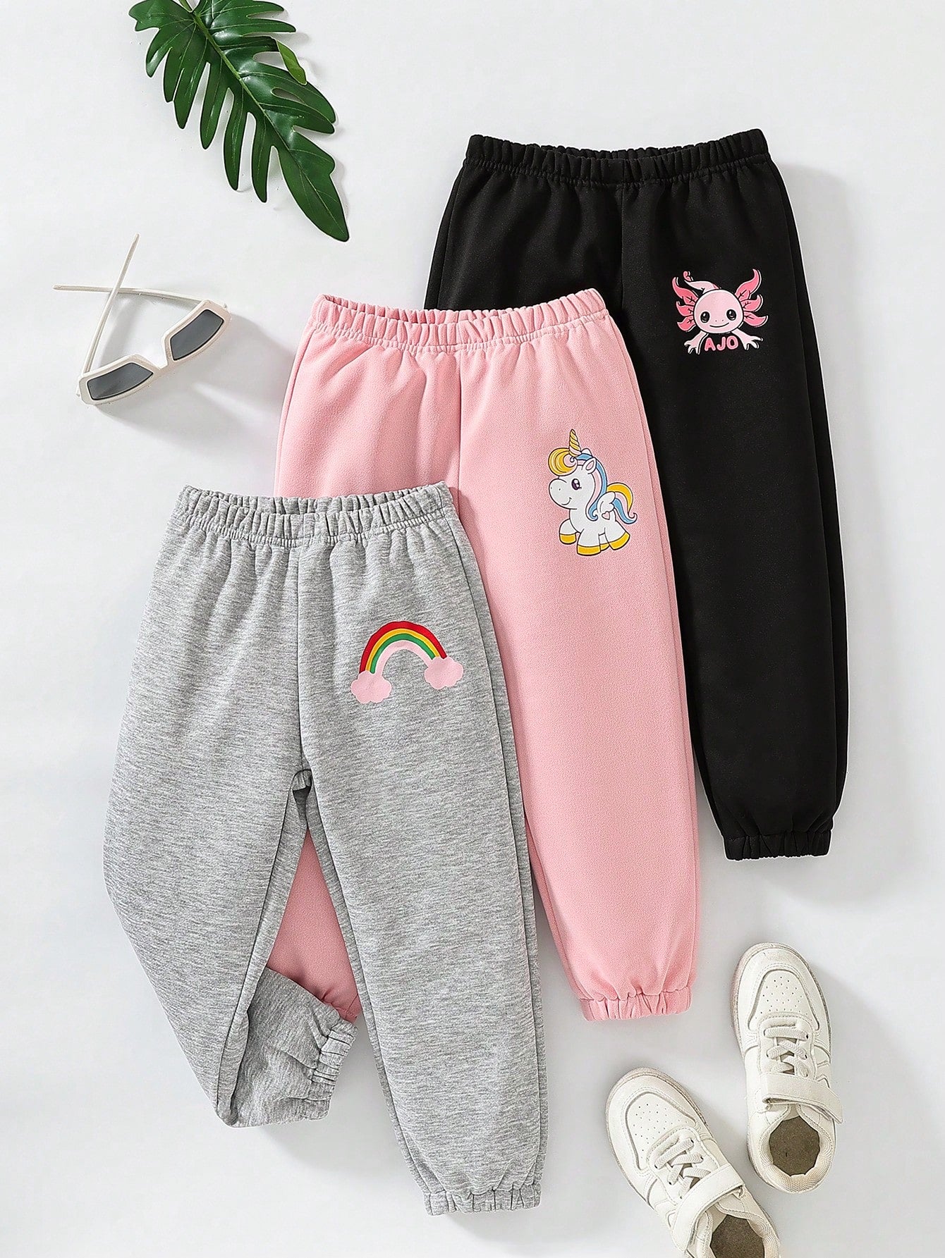 Young Girl 3pcs Casual Sports Unicorn Printed Casual Waist Elastic Cuffed Pants, Spring & Autumn