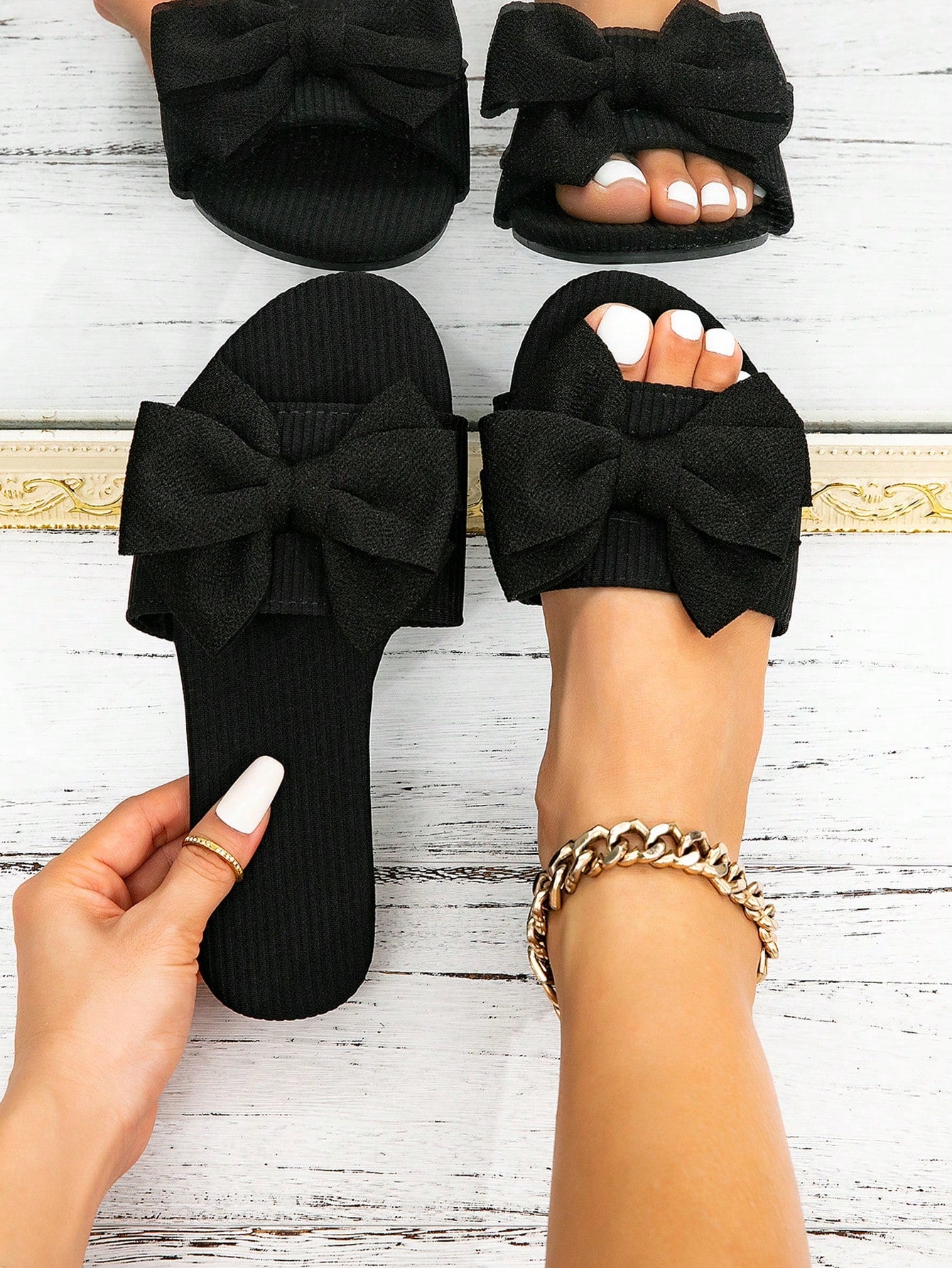 Elegant Black Sandals For Women, Minimalist Single Band Slide Sandals