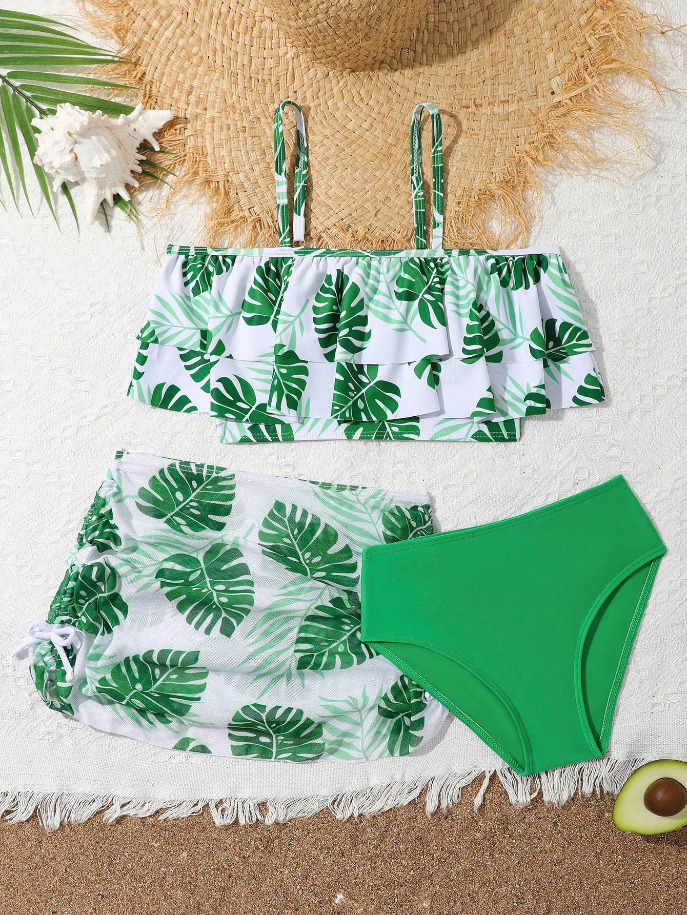 Tween Girl Tropical Print Ruffle Hem Bikini Set With Beach Skirt Summer Beach