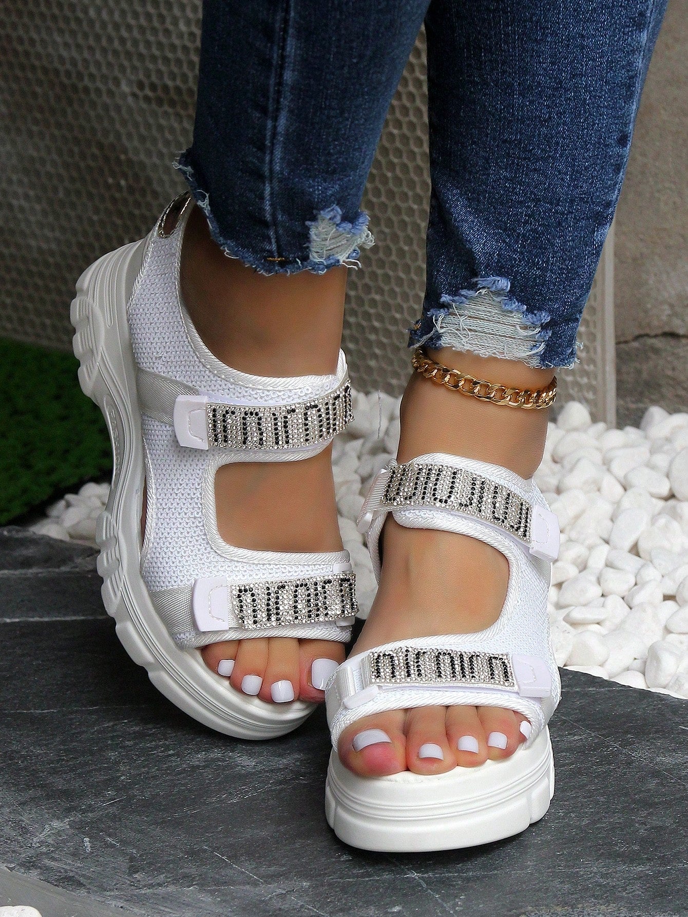 2024 Summer New Women's Platform Sandals With 8cm Heels And Thick Soles, Hook And Loop Closure, Peep-Toe Casual Shoes For Teenagers And Ladies, Sporty And Versatile High-Heel Sandals With Platform And Increased Height