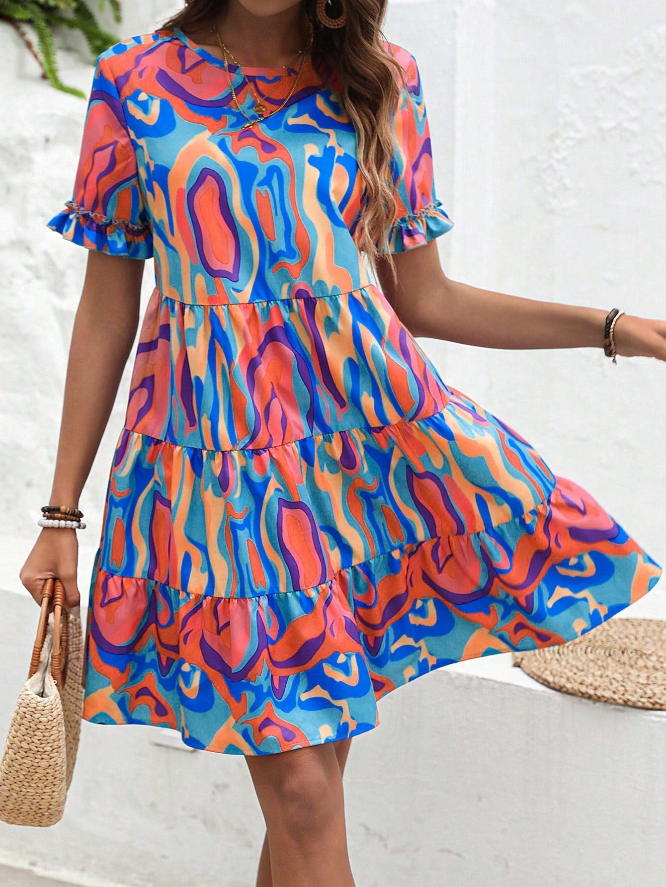 Allover Print Ruffle Hem Smock Dress