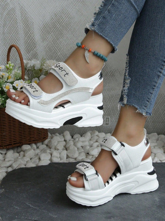 2024 Women's Summer Platform Sandals With 8cm Heels And Thick Soles For Teenagers, Hook And Loop Closure, Peep-Toe Casual Shoes, Sporty Style, All-Match, Old School Chunky High Heel Shoes