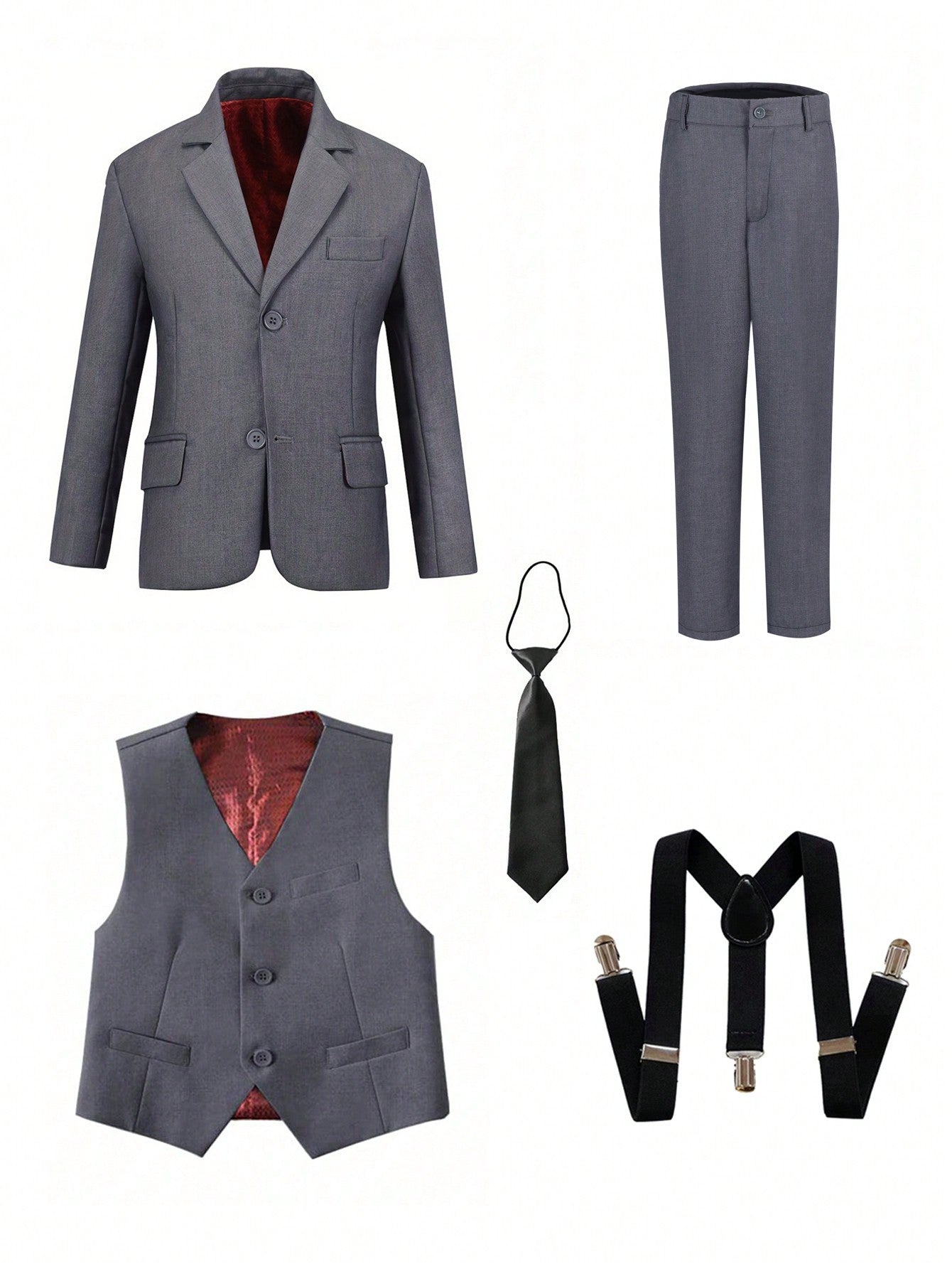 Back To School Season Five-Piece Gray Suit Set For Tween Boys - Jacket, Vest, Pants, Tie, And Suspenders