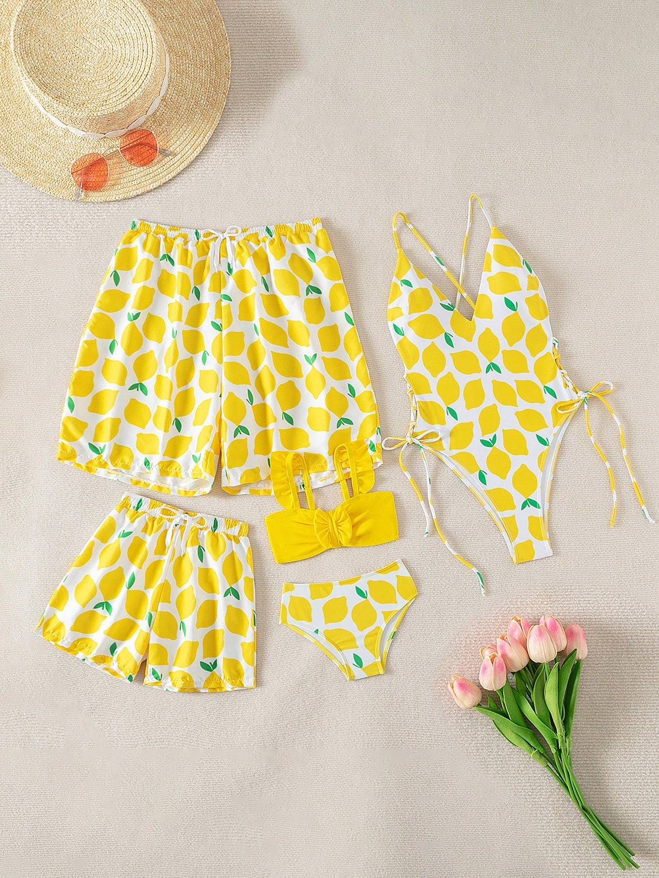 Young Girls' Lemon Printed Ruffled Spaghetti Strap Bikini Set With Bowknot