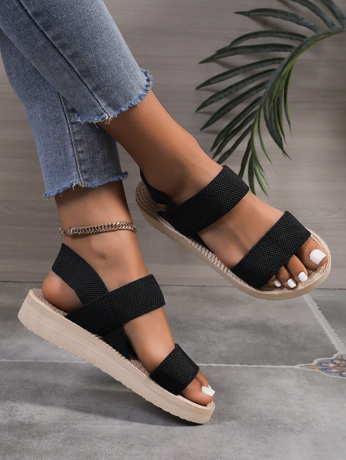 Women's Simple Woven Elastic Band Platform Wedge Sandals