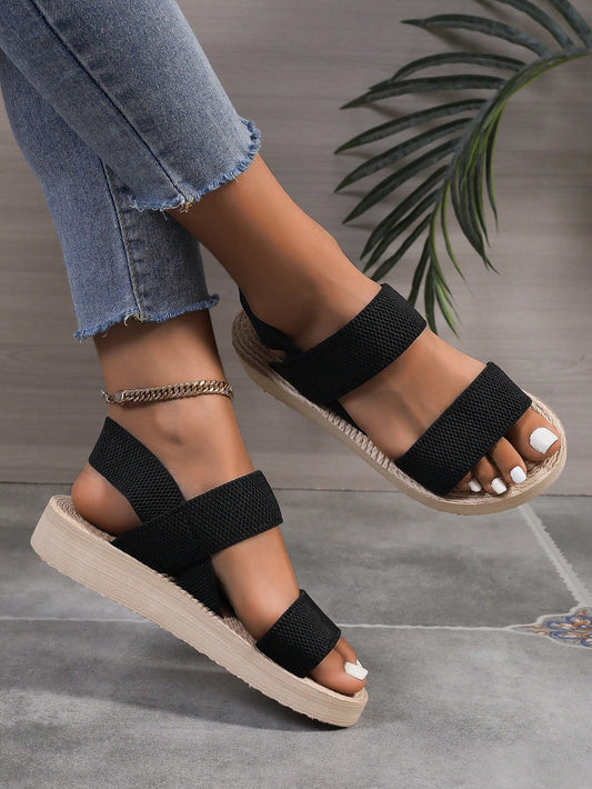 Simple Women's Sandals, Classic Woven Elastic Band Wedges With Thick Soles