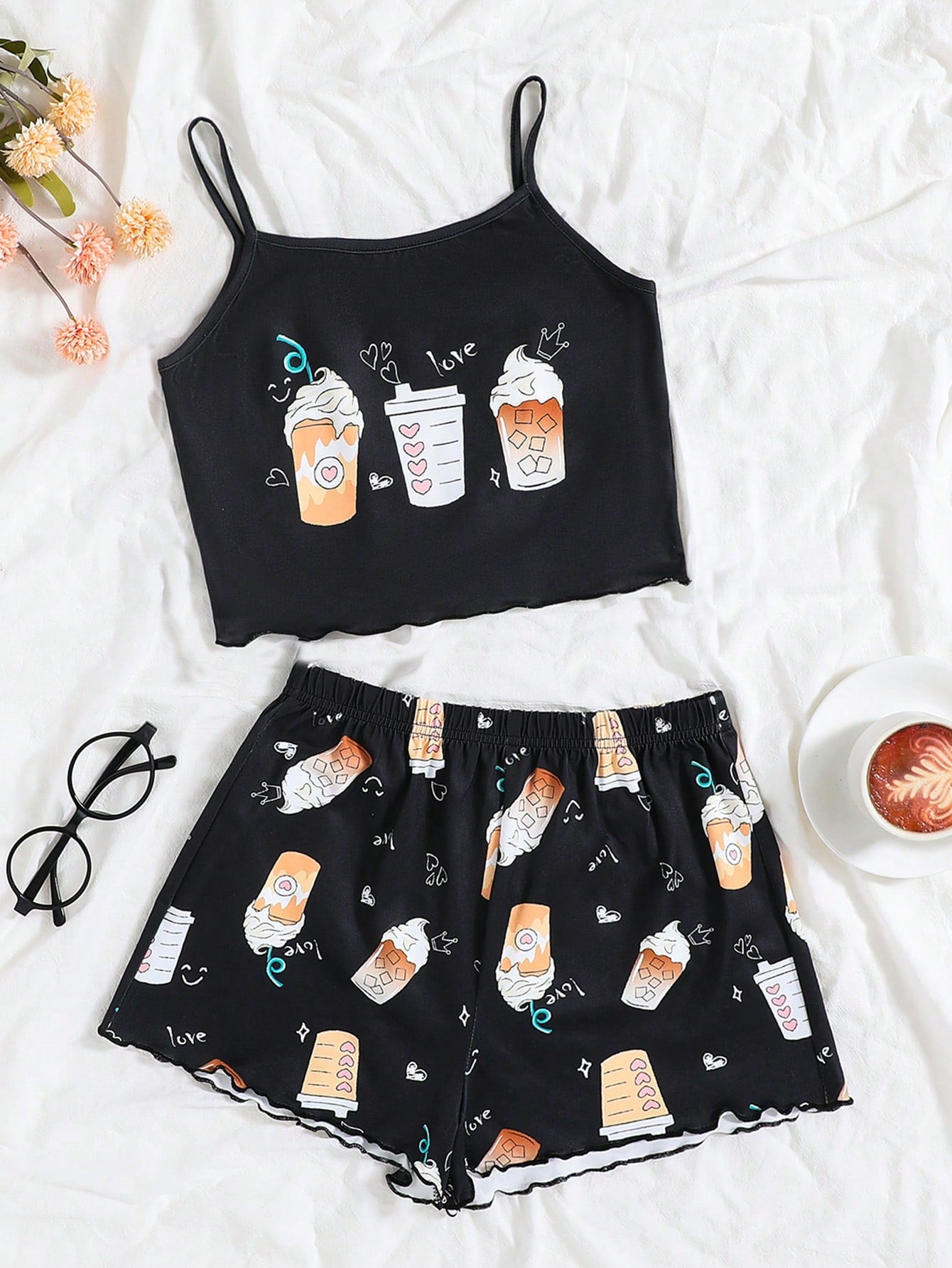 Tween Girl Ice Cream & Milk Tea Patterned Casual Tank Top And Shorts, Flame-Retardant Pajama Set For Summer