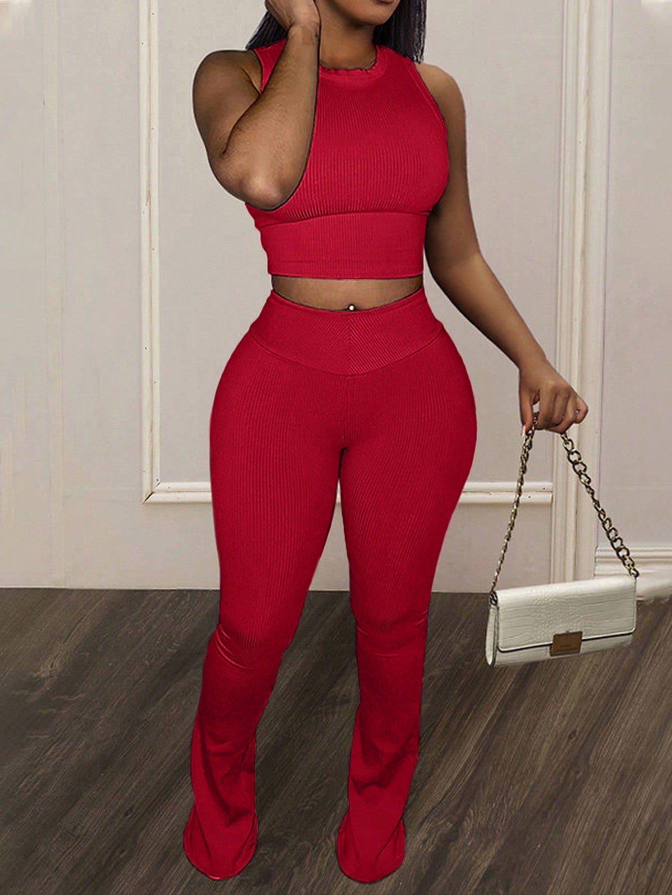 Simple Casual Basic Summer Round Neck Sleeveless Crop Top And High-Waisted Flare Leggings Ribbed Knit Women's Two-Piece Set