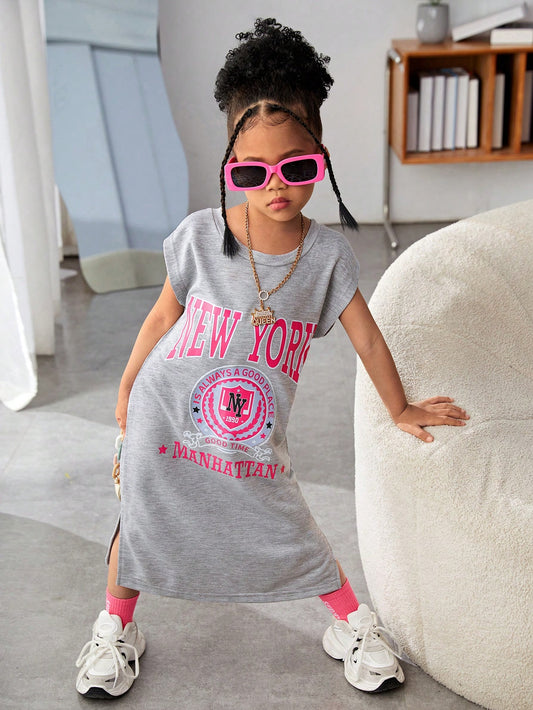 Streecool Kids Young Girl Casual All-Match Streetwear Baggy Dress With College Badge Pattern, Wide Straps, Long Sleeves And Side Split Knit Dress