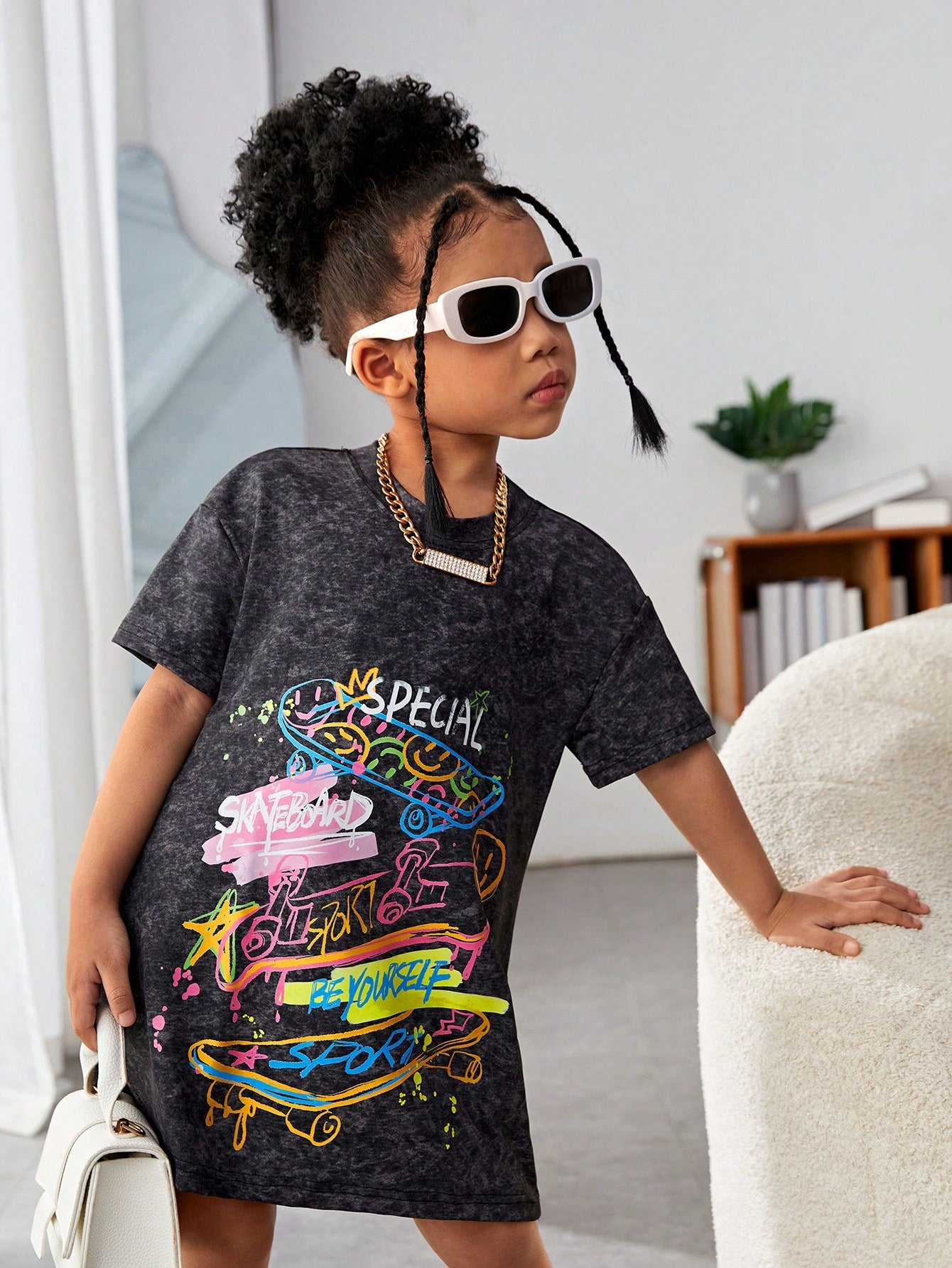 Streecool Kids Young Girl Basic Casual Skateboard Printed Sports Short Sleeve T-Shirt Loose Dress