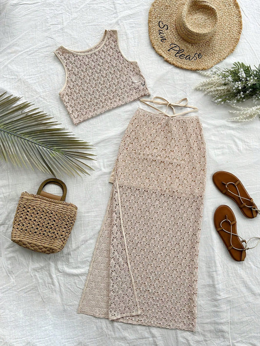 Women's Vacation Crochet Knit Top & Split Hem Skirt Set, Perfect For Music Festival & Bohemian Style, Crochet Outfits Two Piece