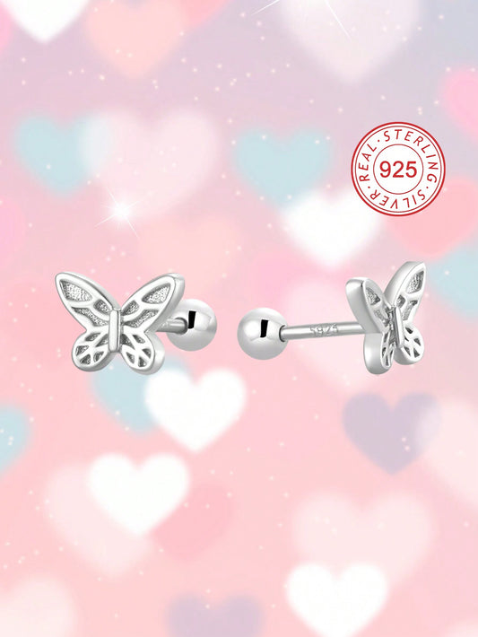 1 Pair Of 925 Silver Low Allergy Butterfly Earrings With Screw-Back Stud, Gift Boxed With Blessing Card - Suitable As A Gift For Kids, Young Girls Or As A Birthday Gift For Friends