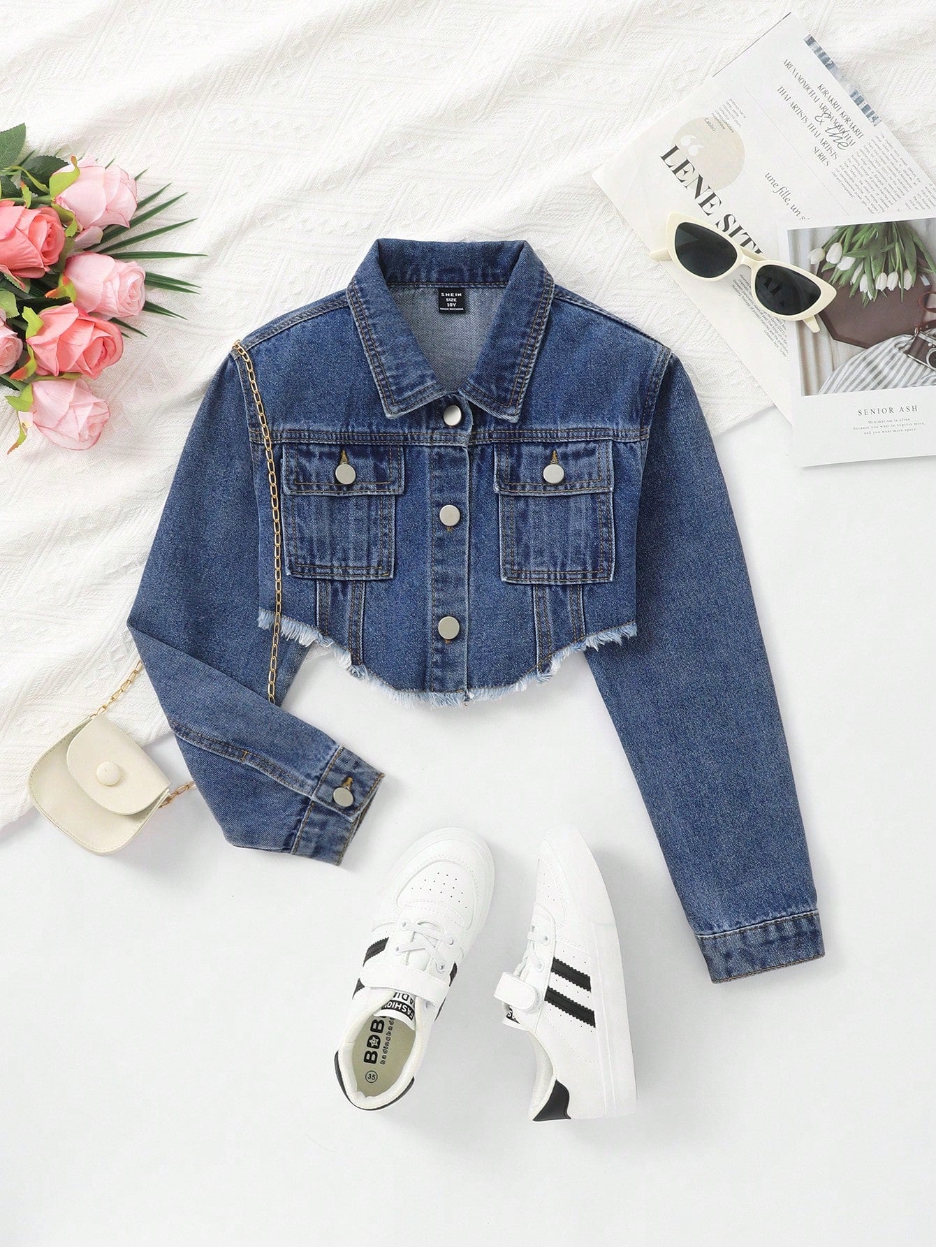 Kids Tween Girl Flap Pocket Raw Hem Crop Denim Jacket