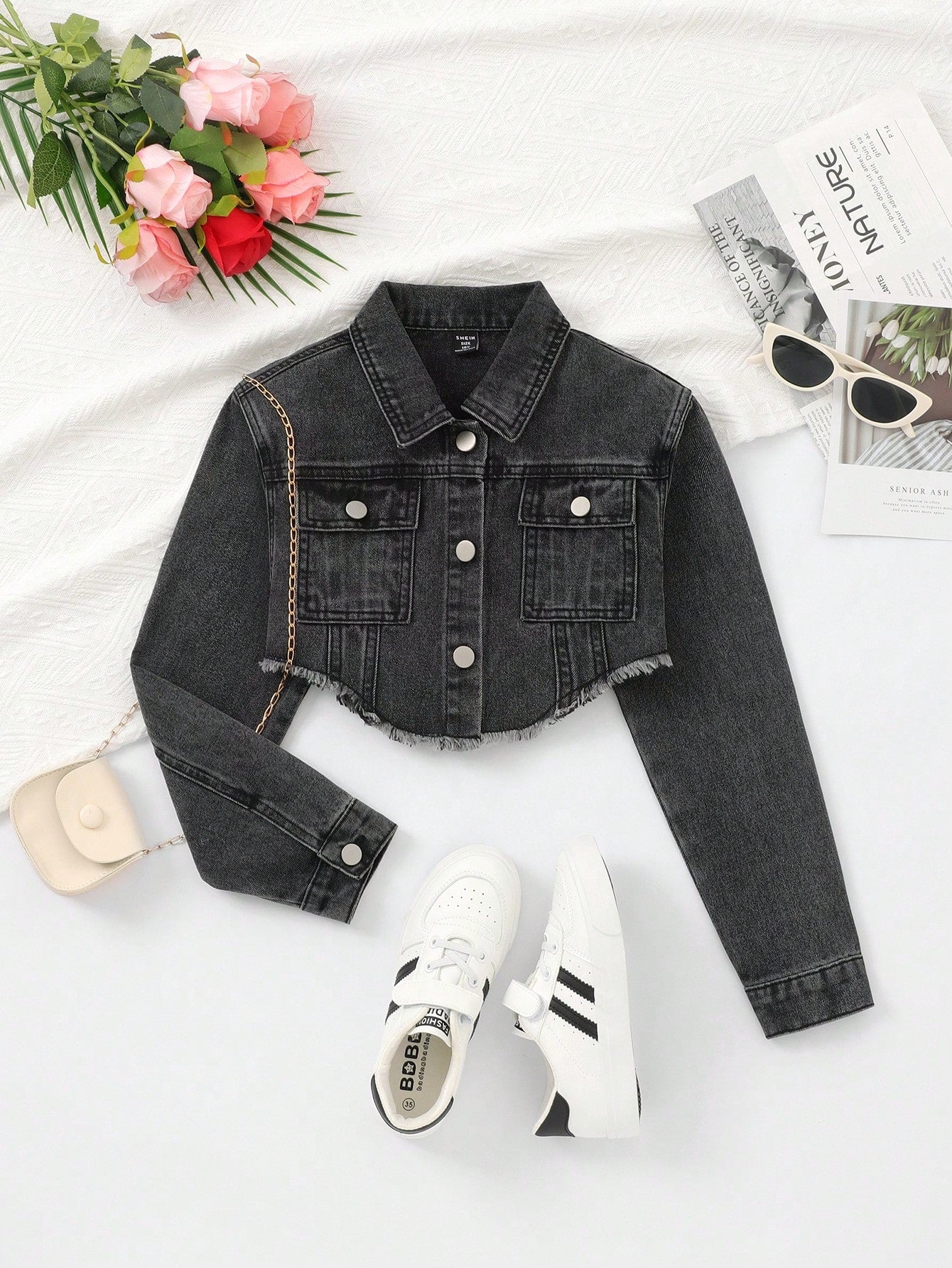 Kids Tween Girl Flap Pocket Raw Hem Crop Denim Jacket