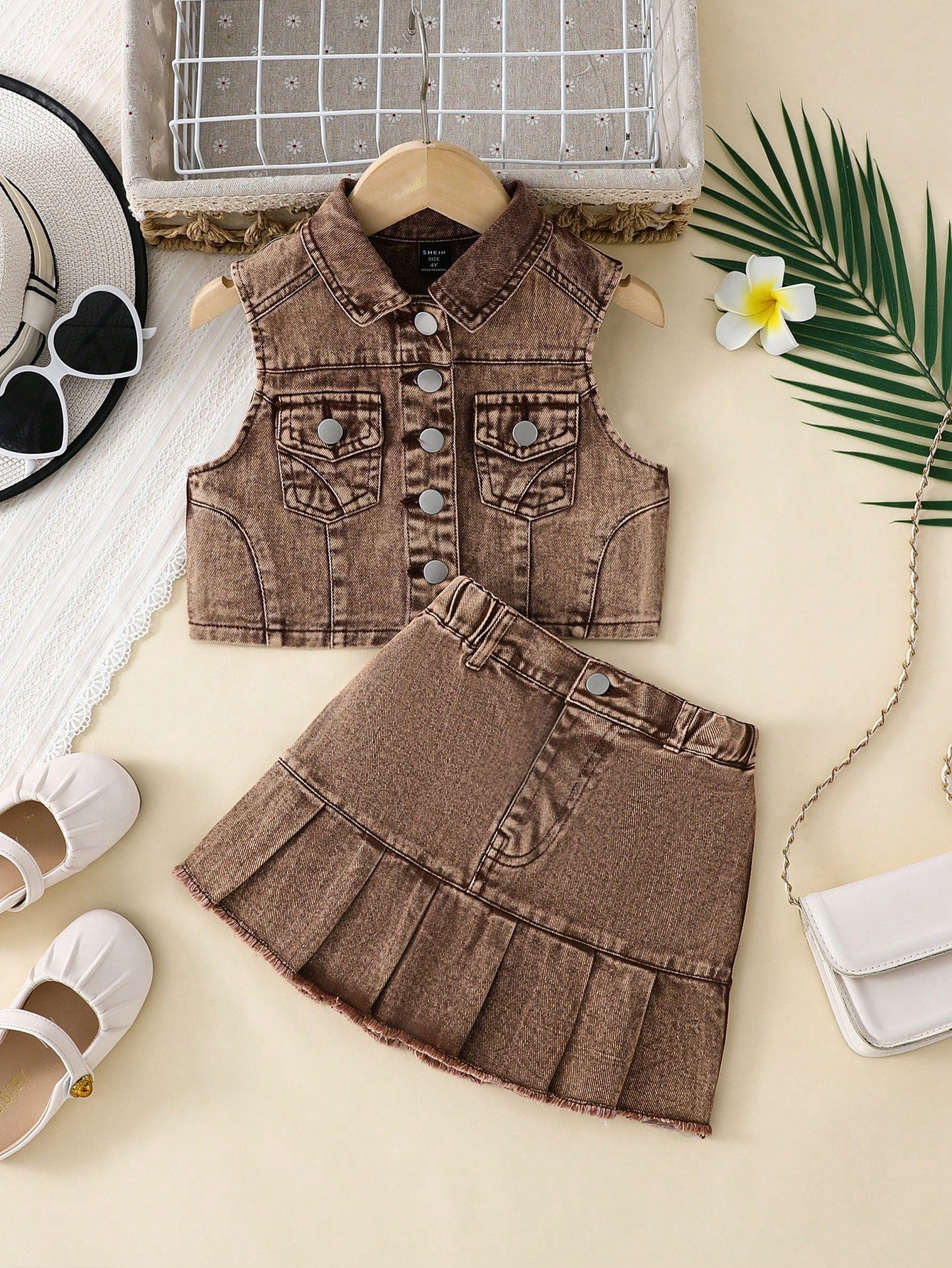 Young Girl's Sleeveless Washed Denim Jacket And Pleated Hem Denim Skirt Set