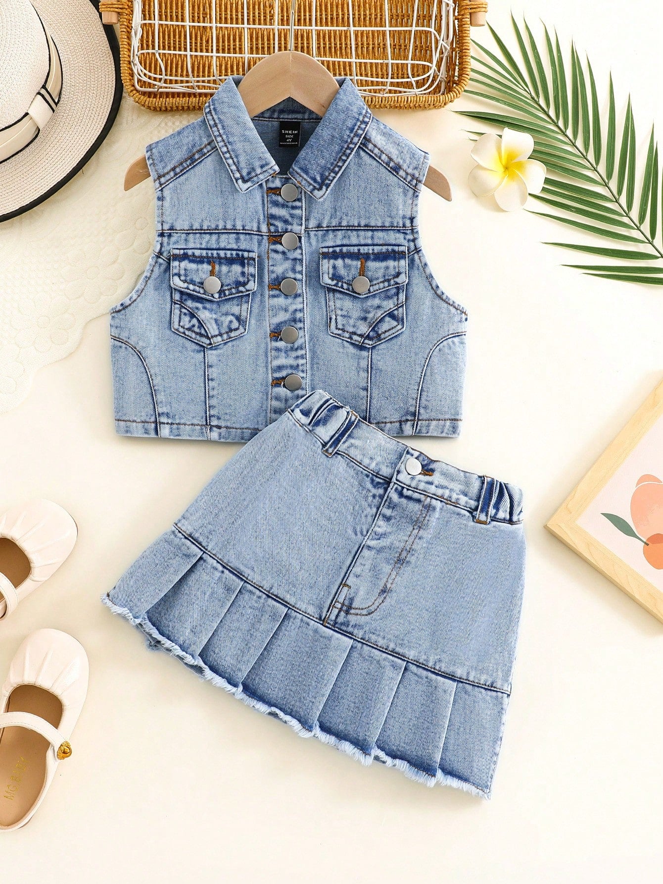 Young Girl's Sleeveless Washed Denim Jacket And Pleated Hem Denim Skirt Set