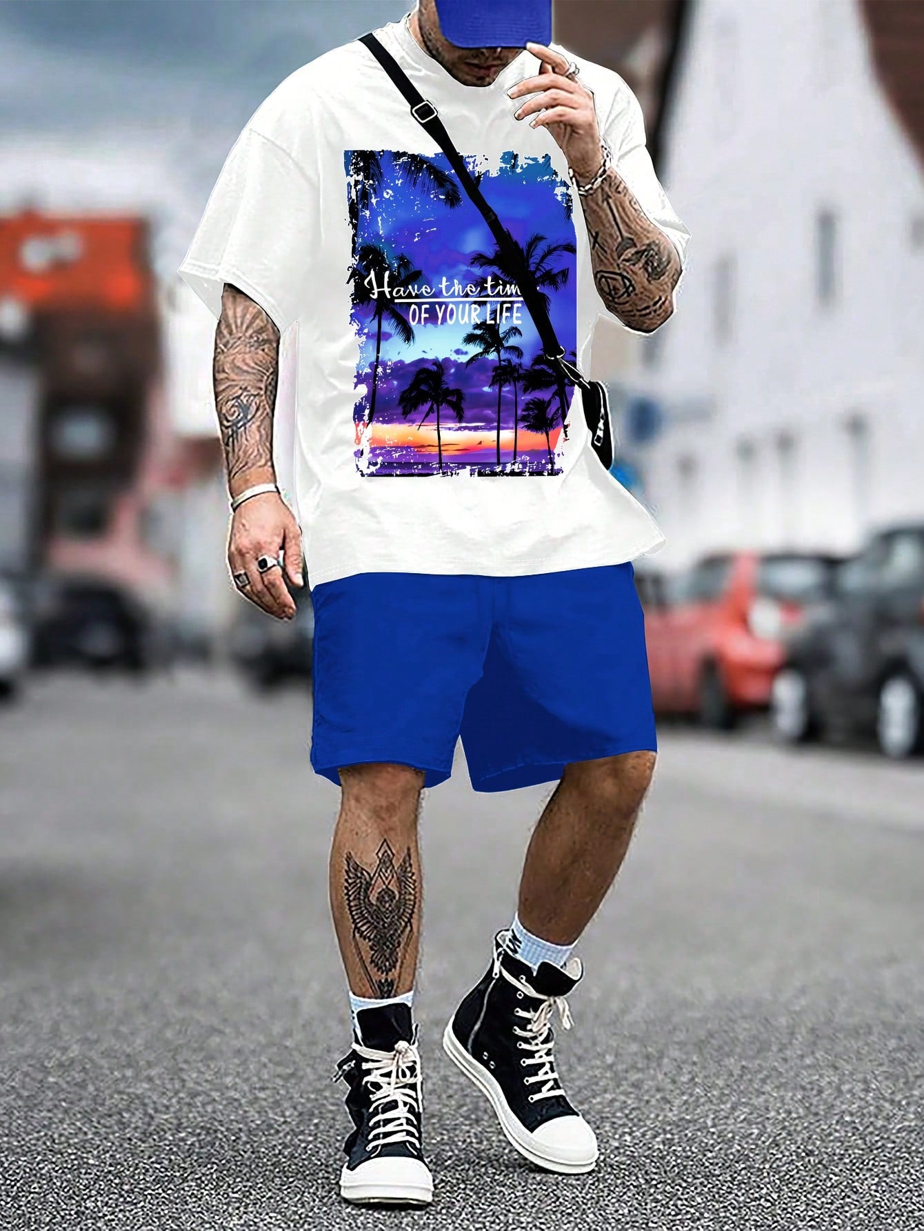 Men's Summer Slogan Palm Tree Printed Round Neck Short Sleeve Casual T-Shirt And Drawstring Waist Shorts Set