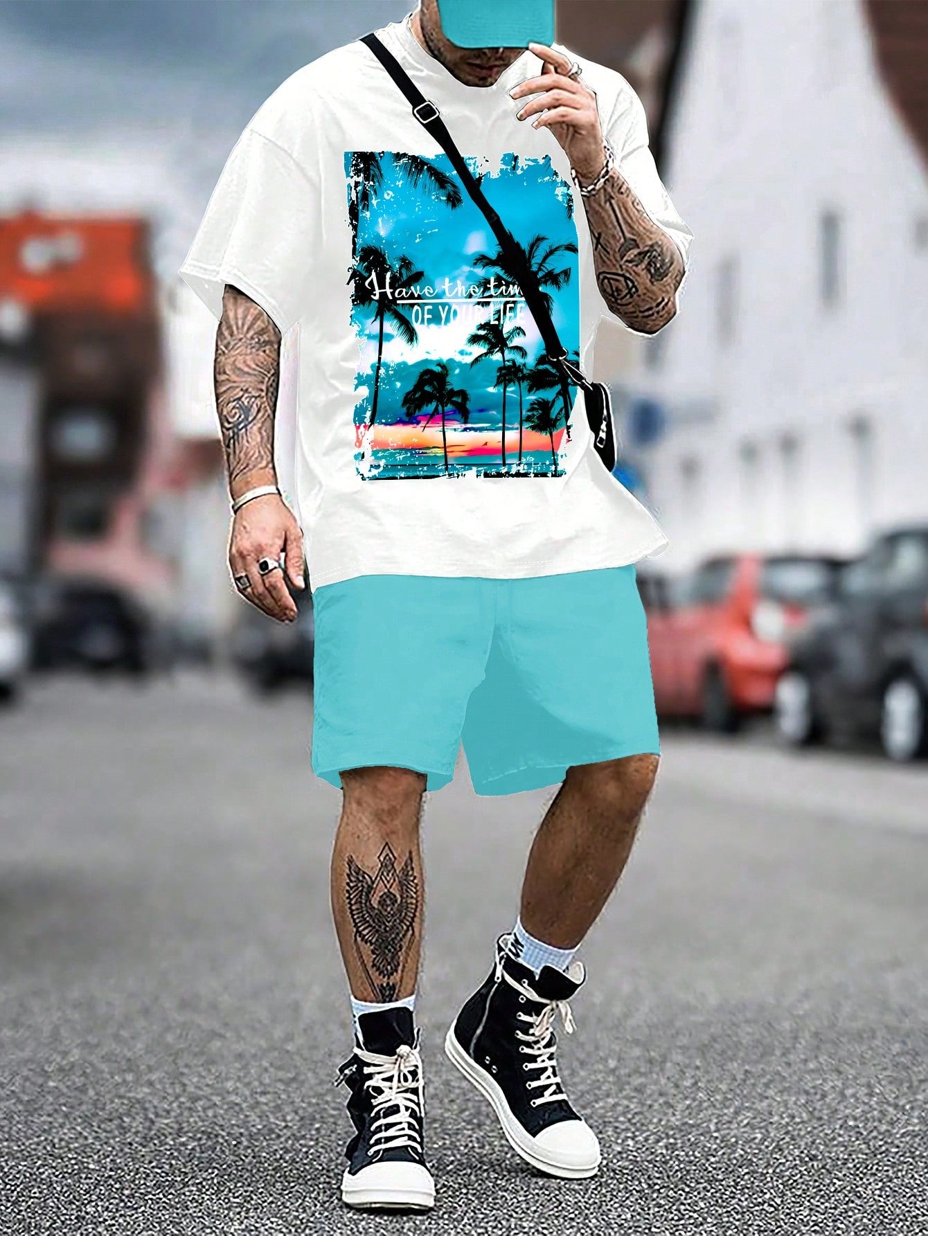 Men's Summer Slogan Palm Tree Printed Round Neck Short Sleeve Casual T-Shirt And Drawstring Waist Shorts Set