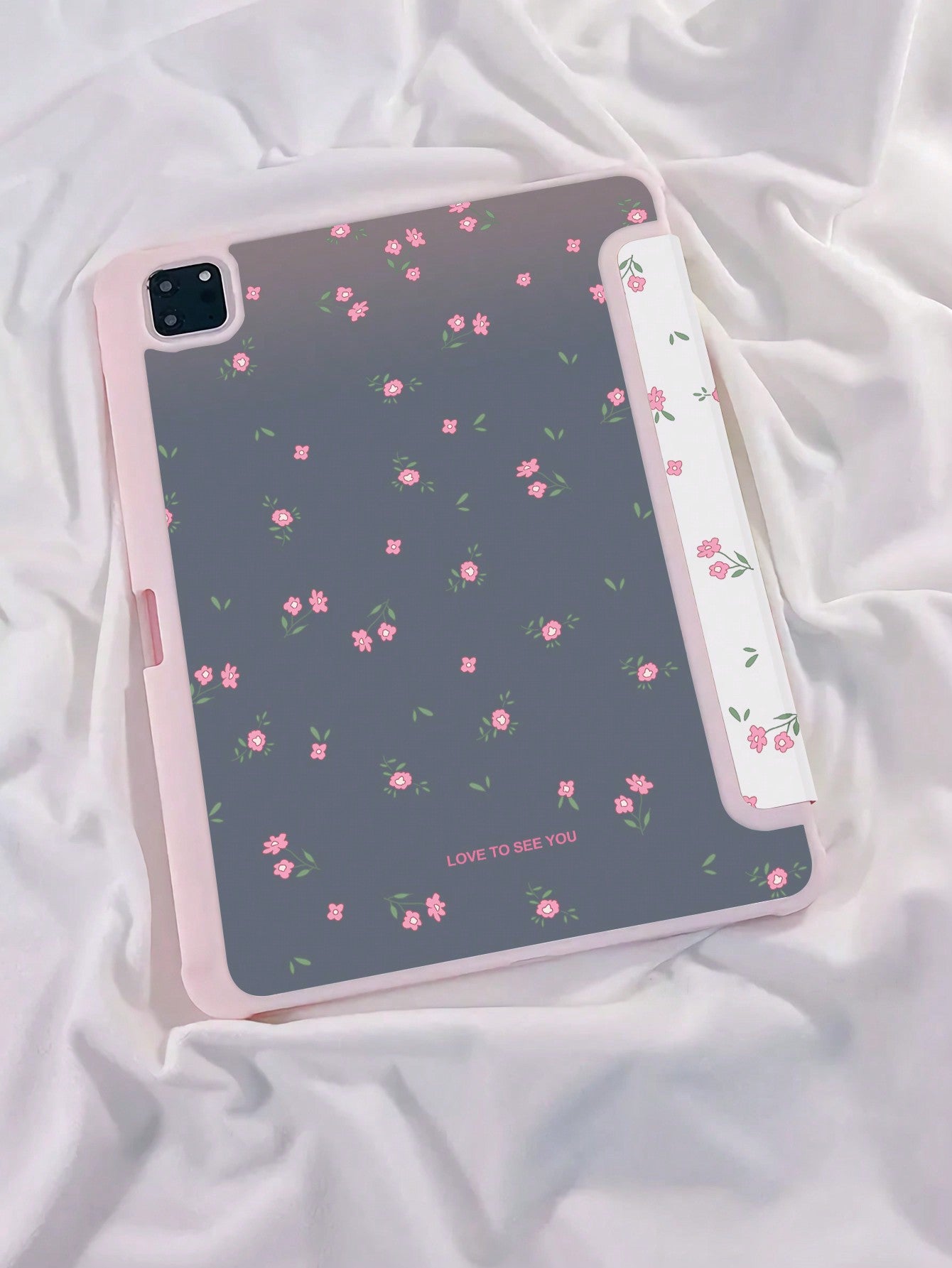 1pc Beautiful Pink Flower & Small Flower Pattern Painted Silicone Tablet Case With Pen Slot, Shockproof, Support Sleep/Wake-Up Function, Compatible With Huawei, Xiaomi, IPad, Samsung