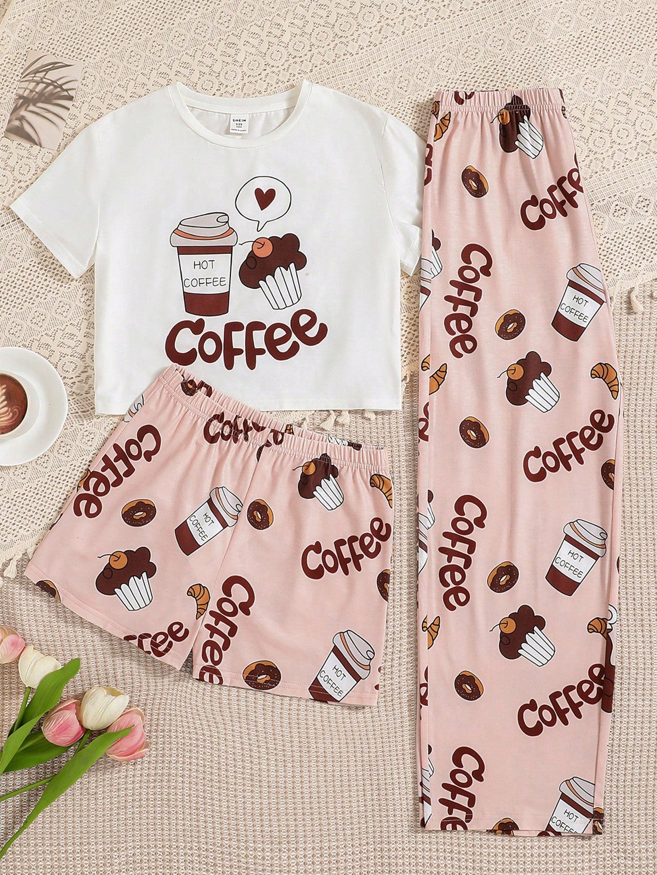 3pcs/Set Tween Girl'S Daily Casual Knit Round Neck Short-Sleeved T-Shirt With Slogan Print And Shorts And Long Pants For Home