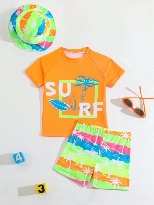 Young Boy Vacation Palm Tree & Letter Printed Short Sleeve Shirt And Shorts Casual Swimwear 2pcs/Set + Free Cap