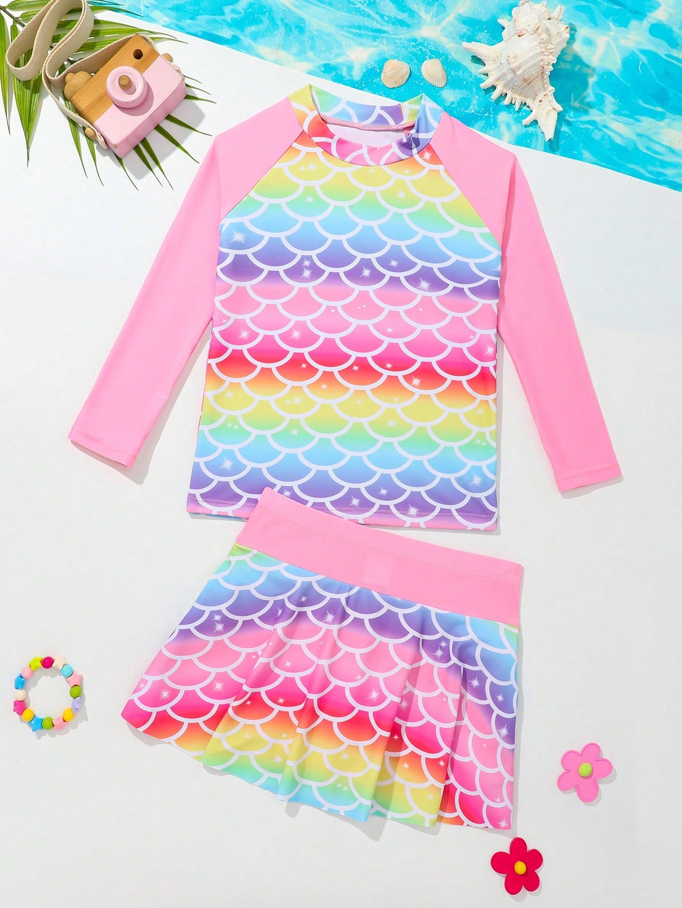 Young Girl's Gradient Fish Scale Print Patchwork Swimsuit Set For Summer Beach/Pool