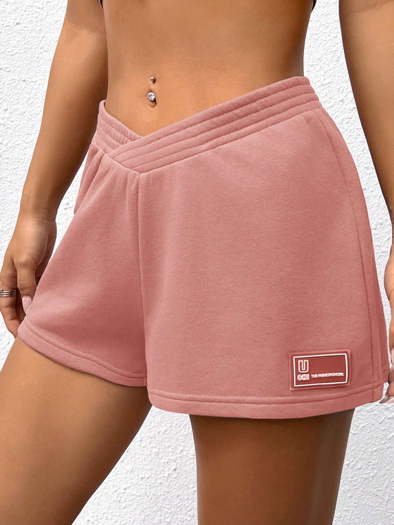 Summer Loose And Casual Brown  Elastic Waist Patched Detail Sports Shorts