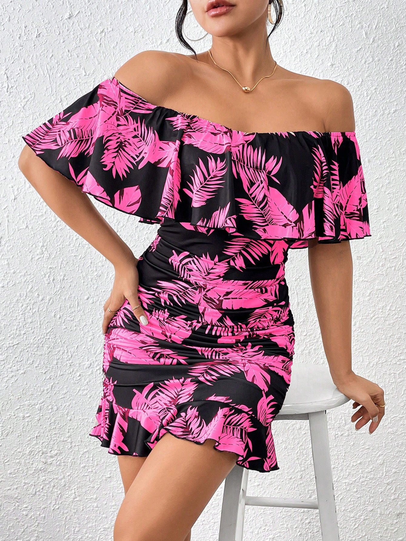 Plants Print Off Shoulder Ruffle Trim Ruched Bodycon Dress