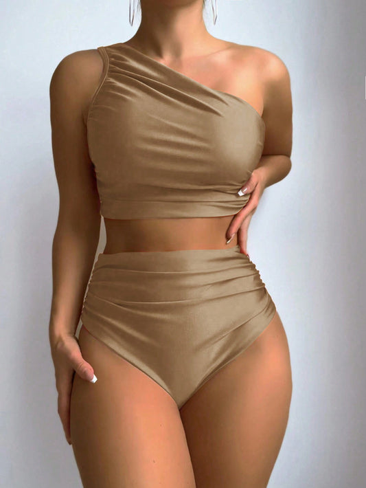 Swim Women's Solid Color One-Shoulder Ruched Bra & Bikini Bottom Casual Bikini Set Bathing Suit