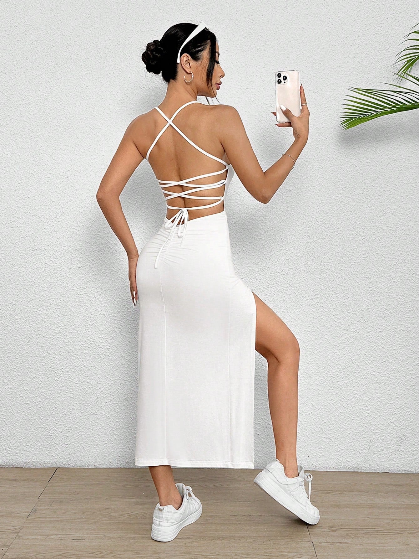 Lace Up Backless Split Thigh Cami Evening Dress