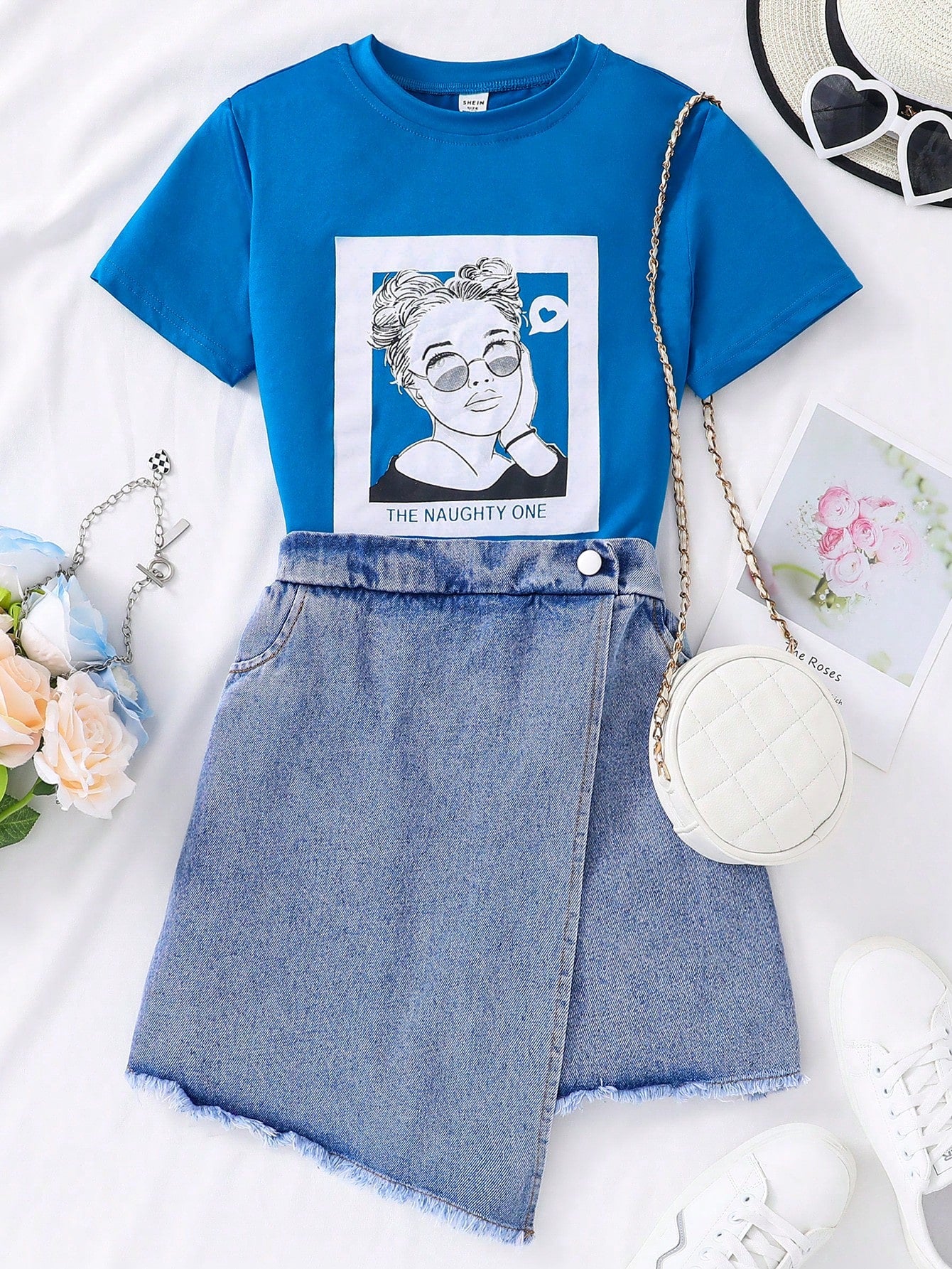 Tween Girl Character & Letter Printed Short Sleeve T-Shirt And Irregular Hem Denim Skort 2pcs/Set