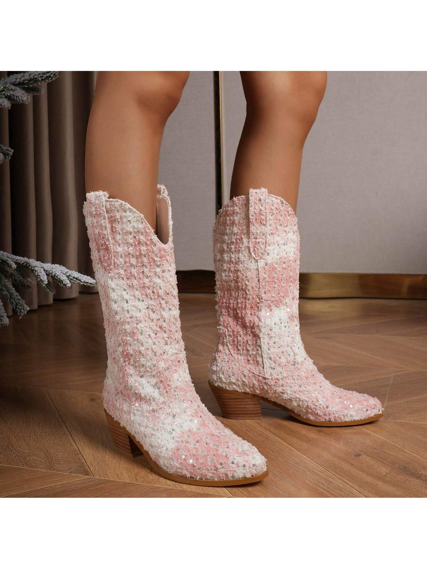 Sequin Mid-Calf Western Cowgirl Boots Women's Chunky Heels  Glitter Fashion Outdoor Cowboy Boots Sparkly Wedding Dress Shoes Block Heel 2.5" Classic Cowgirl Boots Mid Calf Booties Almond Shaped Pointed Toe Mid Boots Pull On Fashion Design Pink