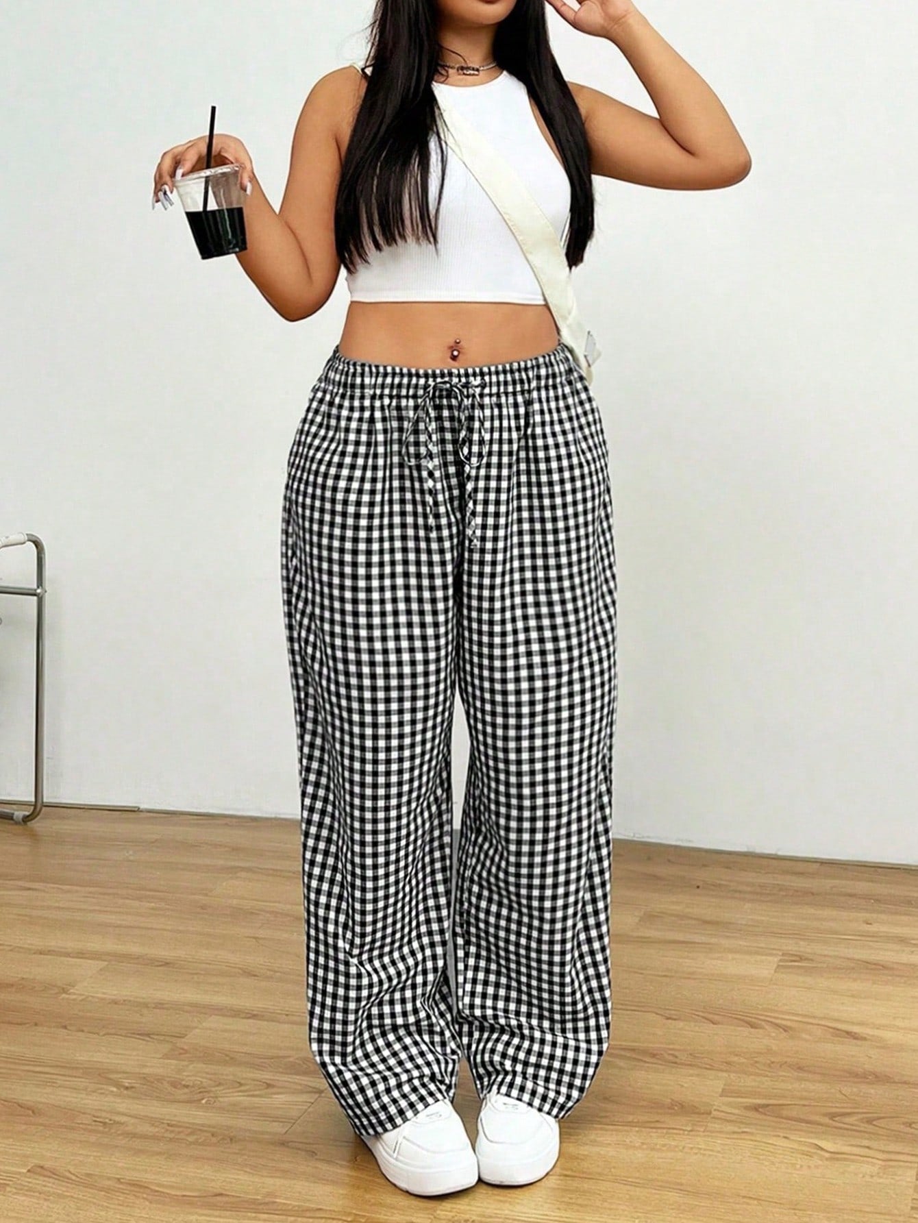 Plus Size Casual Loose Plaid Elastic Waist Wide-Leg Pants