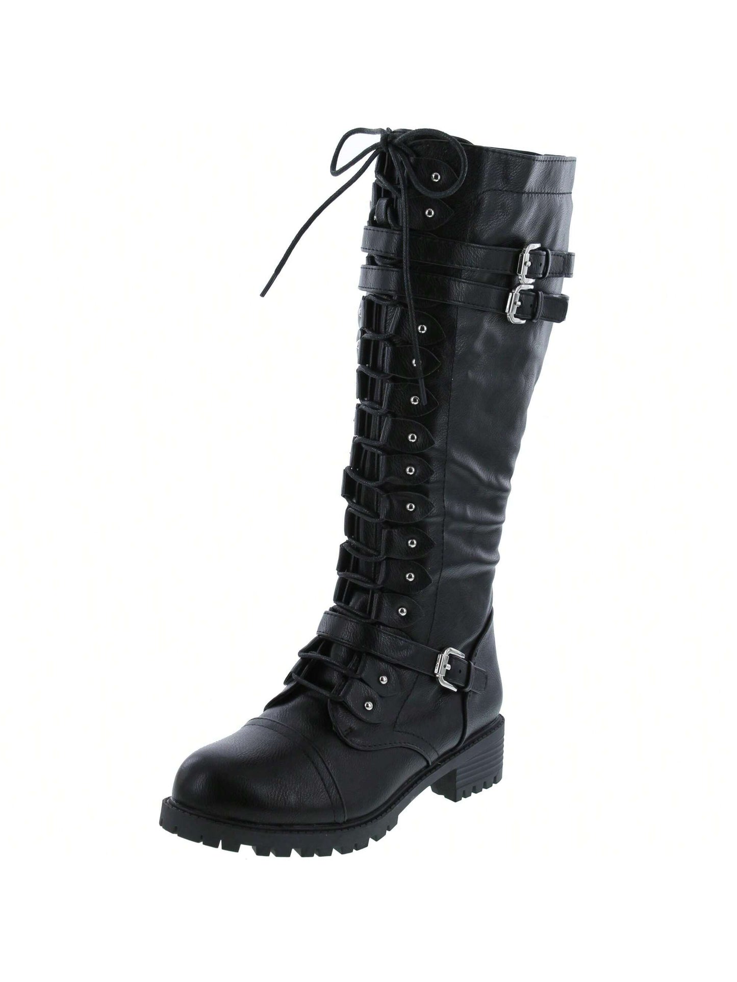 Women's Lace-Up Strappy Knee High Combat Stacked Heel Boot